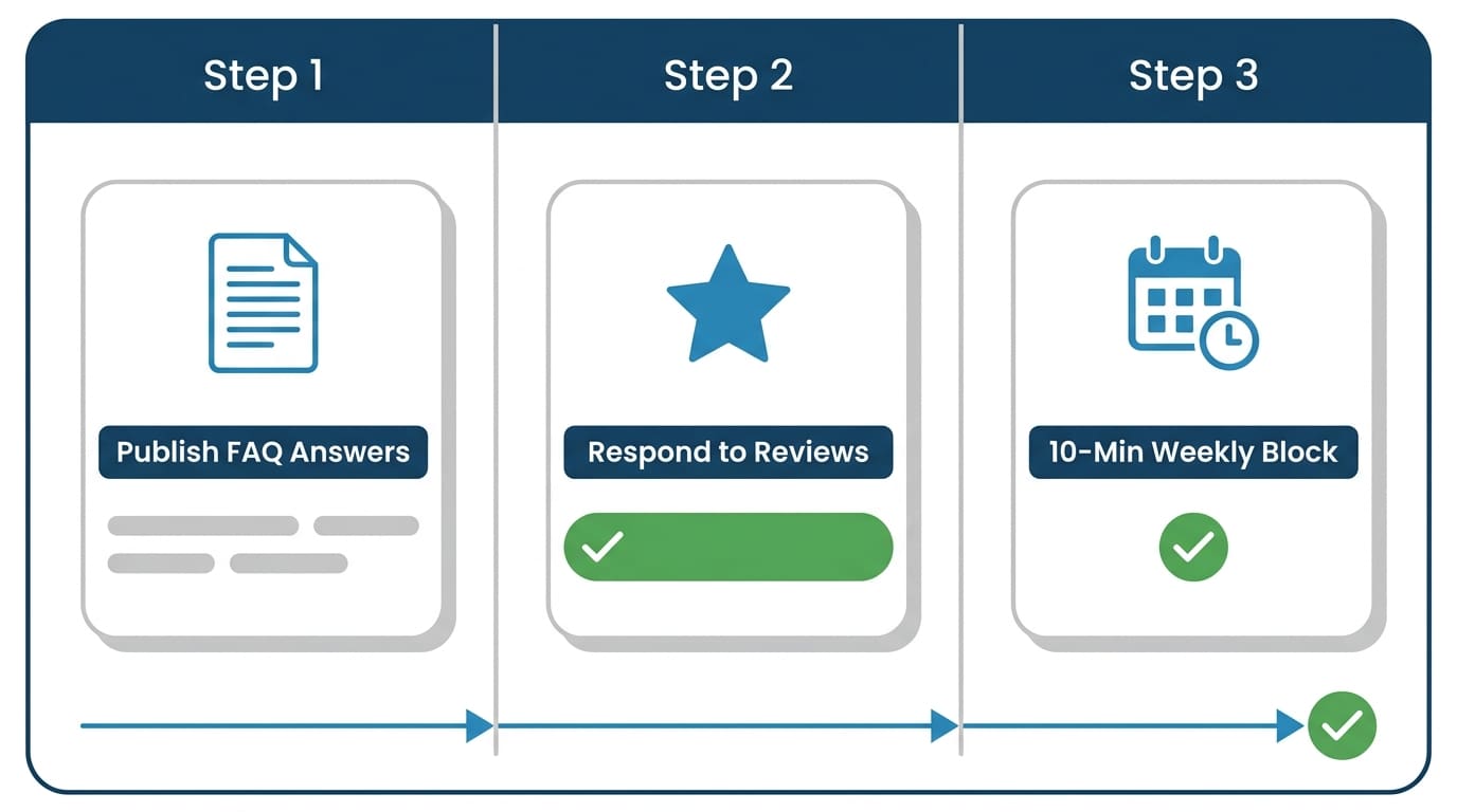 Flat vector infographic of a three-step weekly checklist: publish FAQ answers on your website, respond to reviews, set a recurring 10-minute block