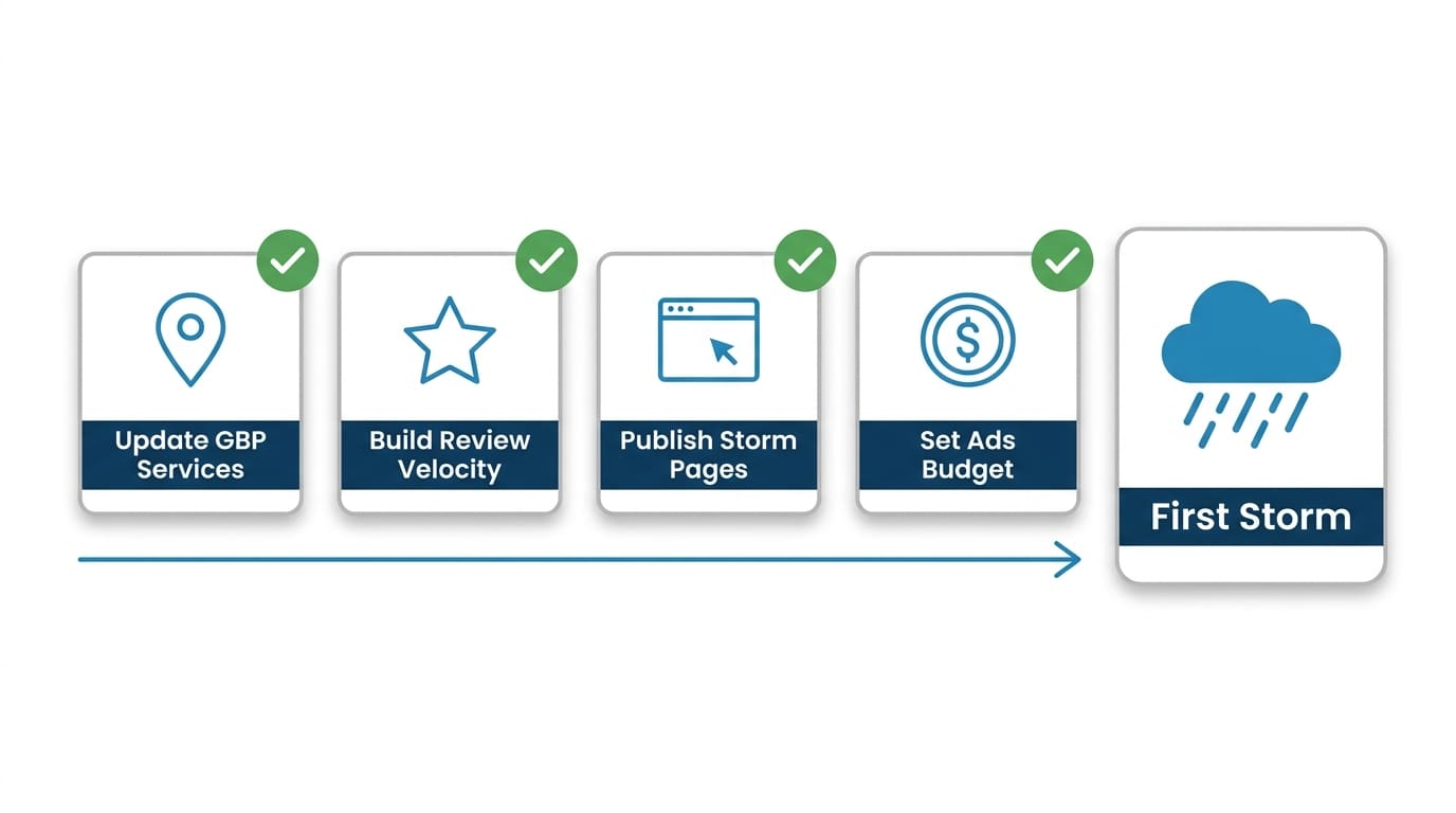 Flat vector checklist infographic of four visibility tasks to finish before the first storm: update GBP services, build review velocity, publish storm pages, set ads budget