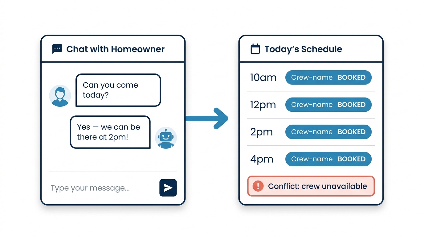 Flat UI illustration showing an AI chatbot confirming a 2pm appointment while the dispatch board shows all slots fully booked