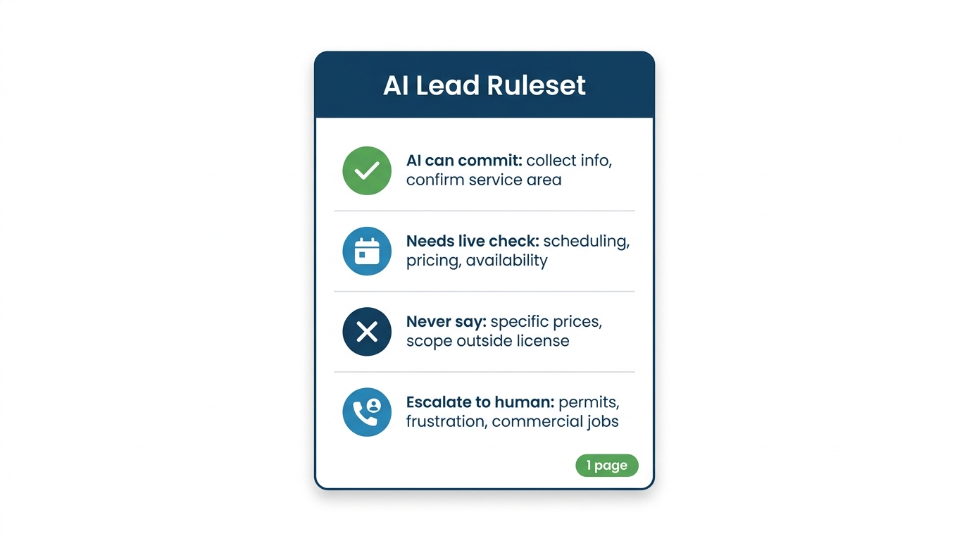 Flat UI illustration of a one-page AI lead ruleset card with four rows covering what the chatbot can and cannot do