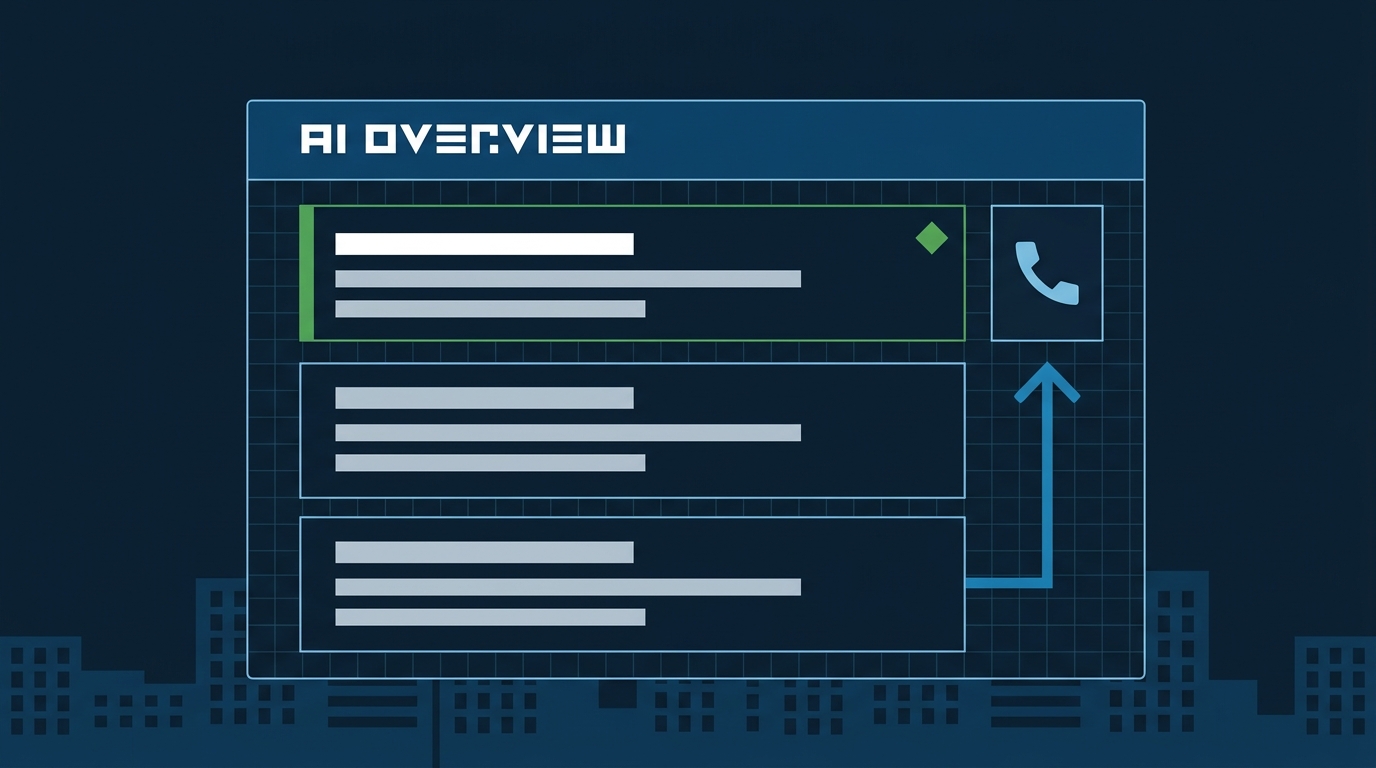Flat vector of an AI Overview panel showing one green-highlighted surfaced contractor result and two skipped results on deep navy background