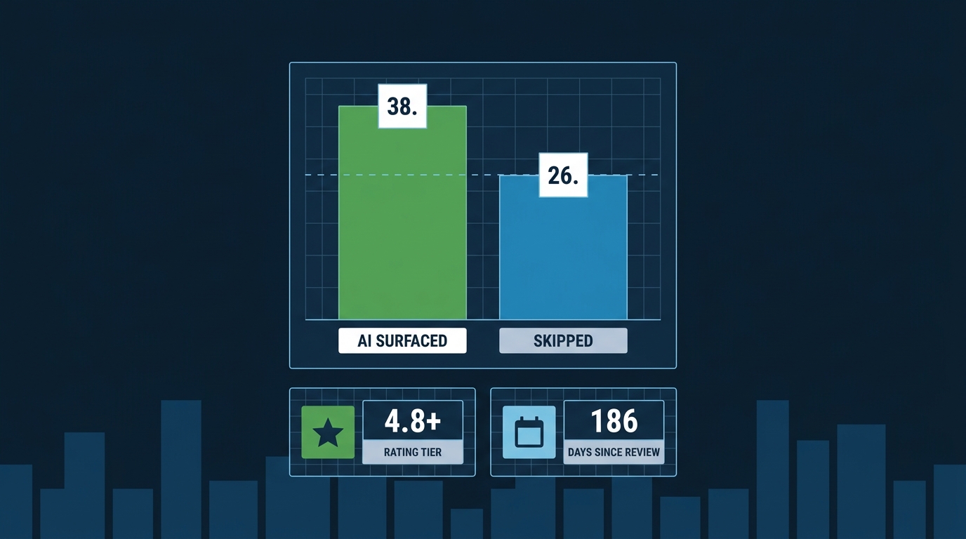 Flat vector dashboard comparing review counts of AI-surfaced vs skipped contractor profiles, with rating and recency stat cards on deep navy
