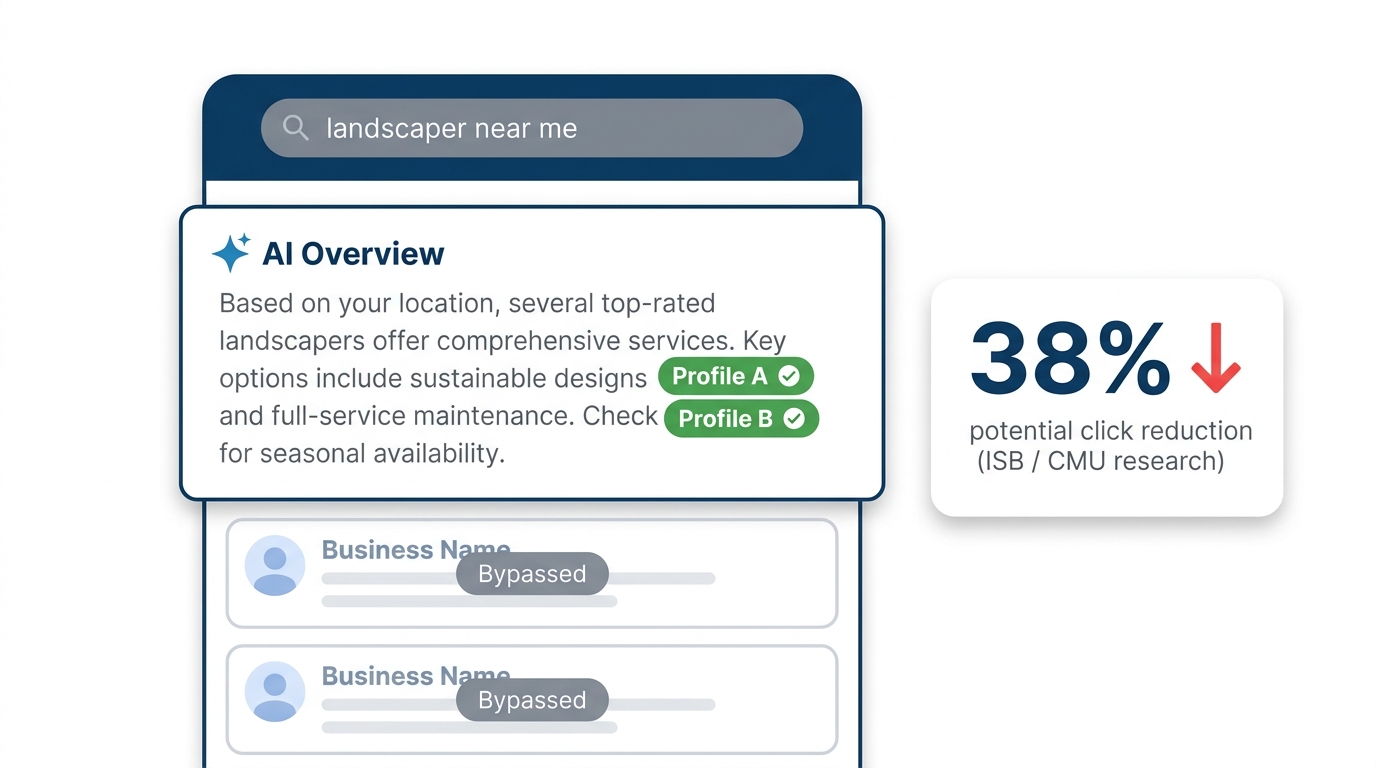 Mobile search panel showing an AI Overview citing two landscaper profiles above bypassed organic listings, with a 38% click-reduction stat card