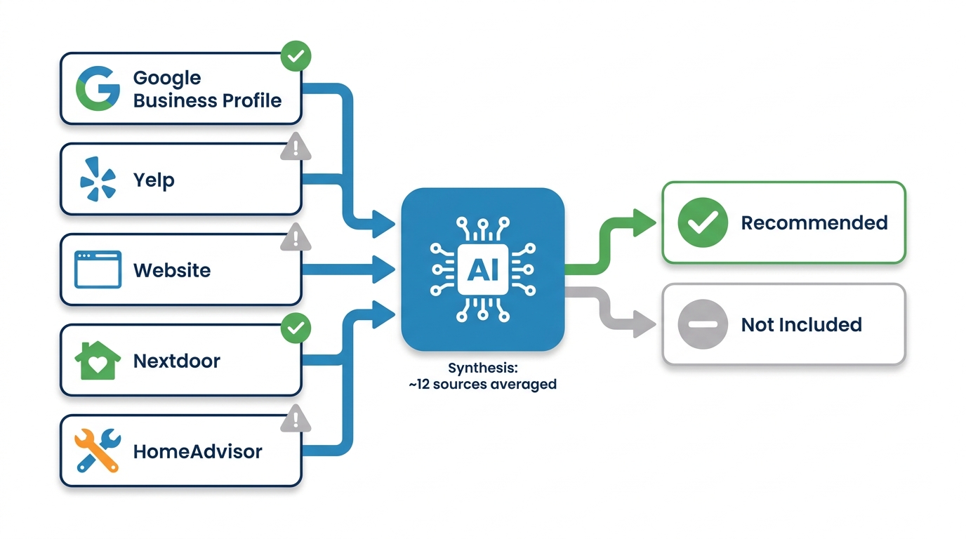 Flat diagram showing AI synthesis engine reading five business data sources and outputting a recommended or excluded result