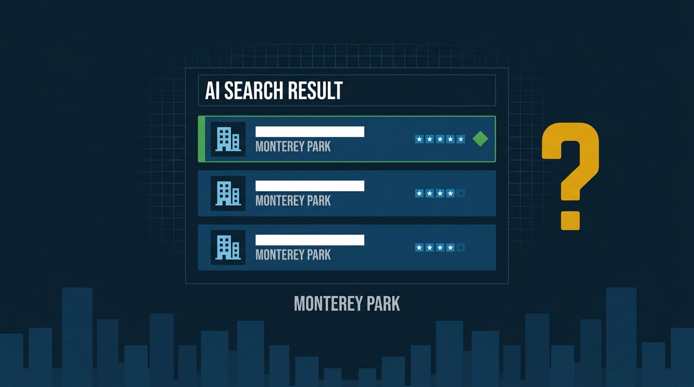 Flat vector of an AI search results panel showing three contractor listings for Monterey Park, with only the top result highlighted in green