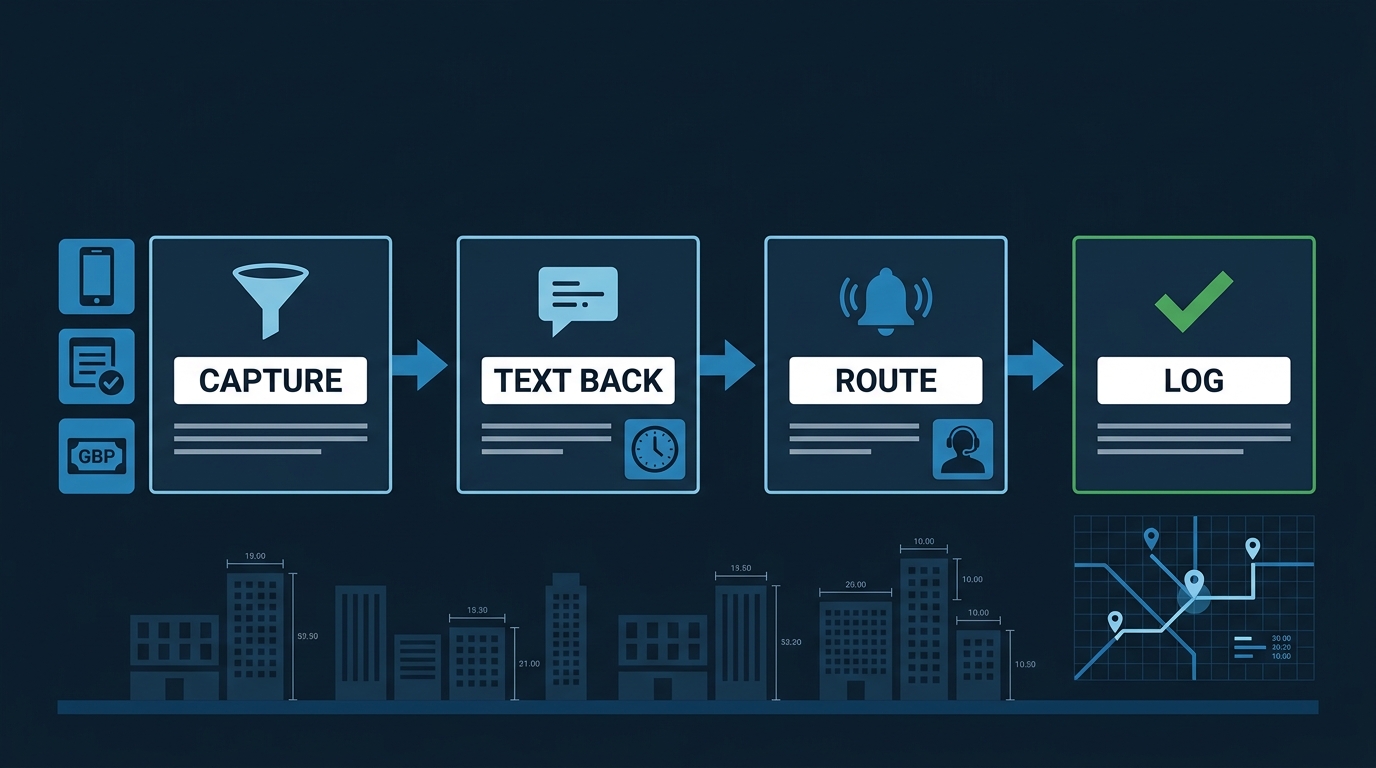 Flat vector diagram of a four-step automated lead intake workflow: capture, text back, route, and log, connected by arrows on navy background