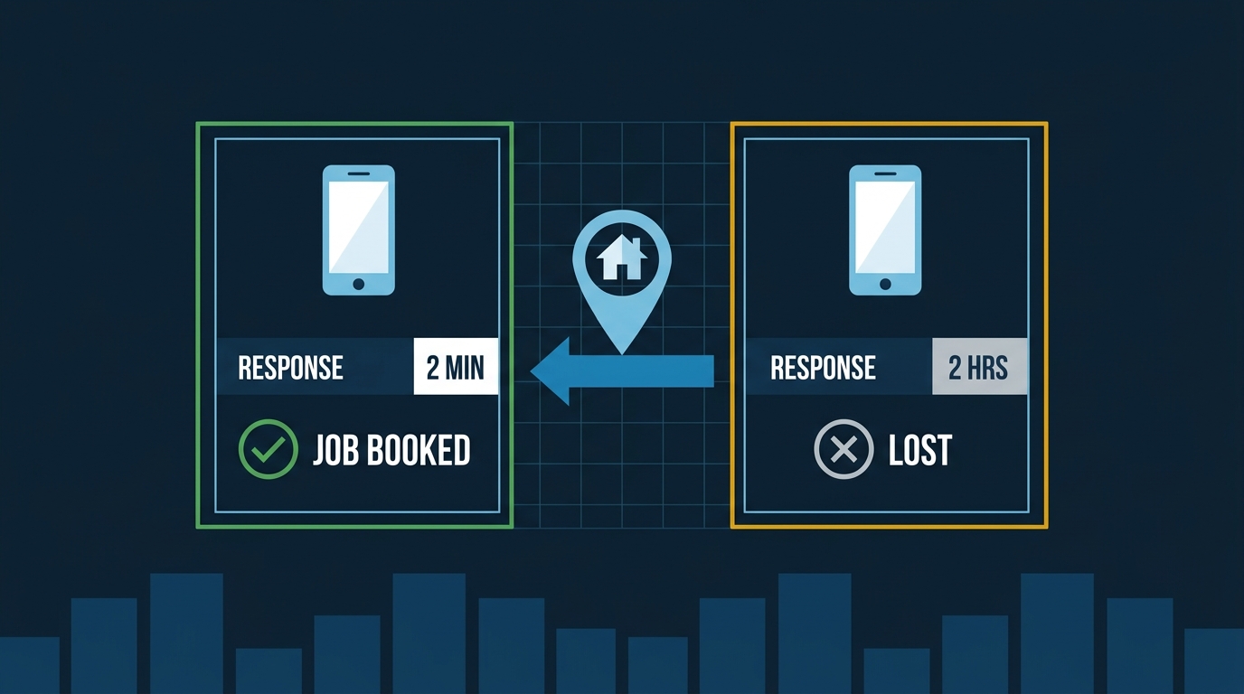 Flat vector illustration comparing two contractors: one responding in 2 minutes wins the job in green, one responding in 2 hours loses in amber