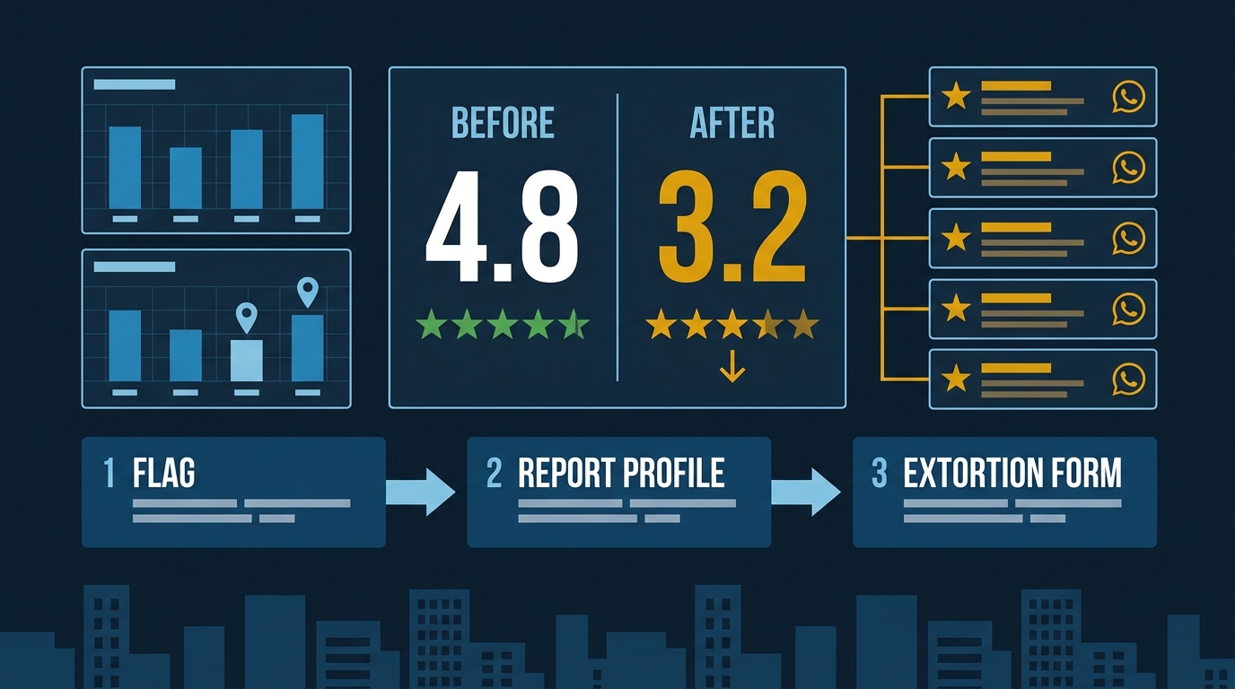Flat vector illustration showing a Google Business Profile rating dropping from 4.8 to 3.2 under a fake review attack, with three numbered response steps below.