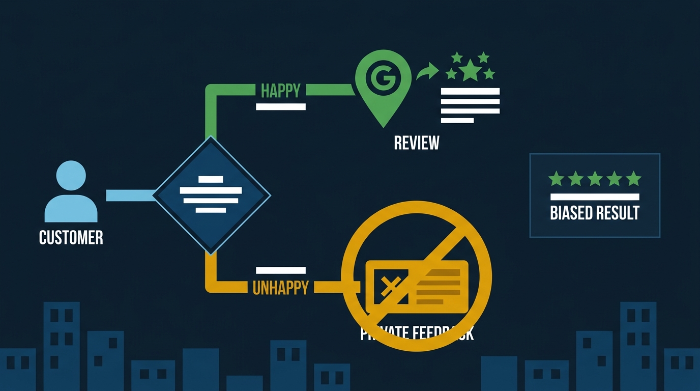 Flat vector flow diagram showing review gating: a customer branches to a happy path leading to Google reviews and an unhappy path blocked by a prohibition symbol.