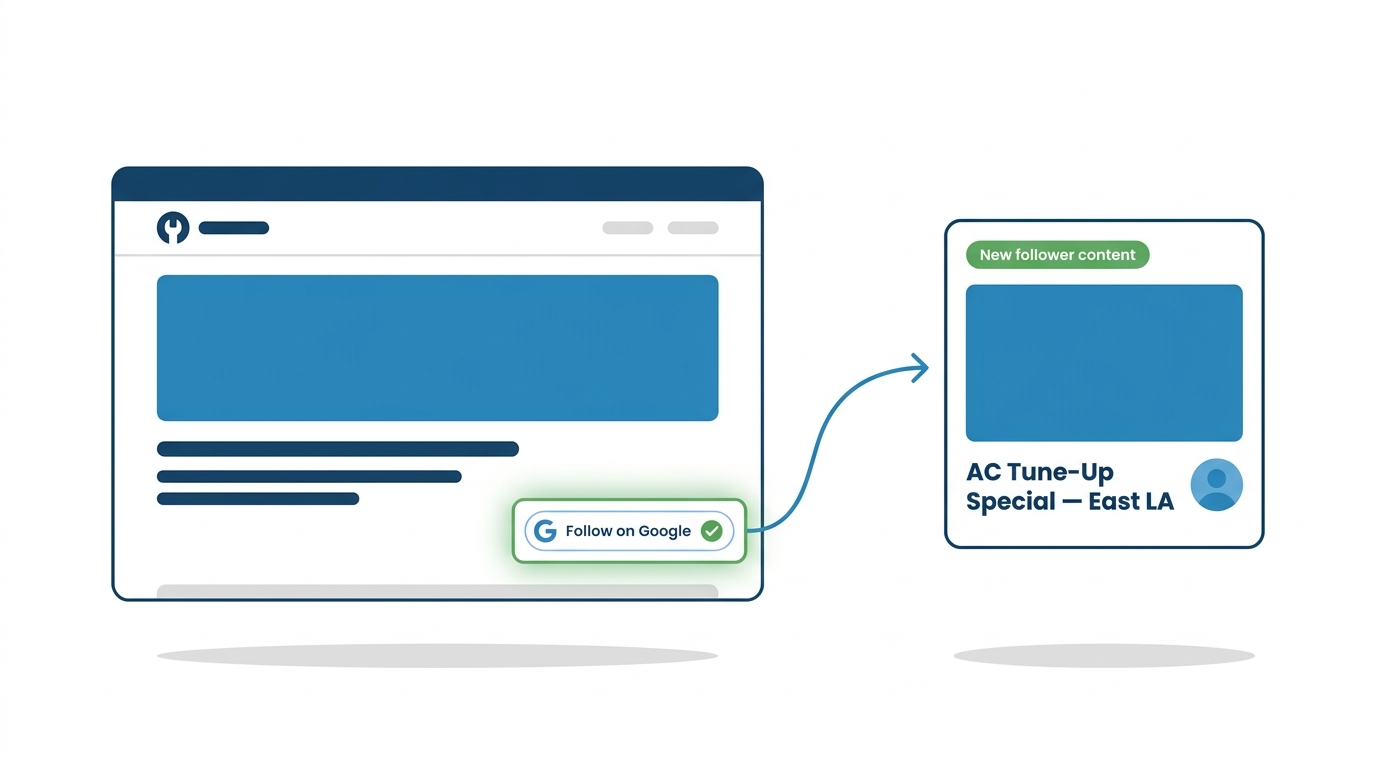 Flat vector mockup of a contractor website with a Google Search profile follow badge linking to a Discover feed tile