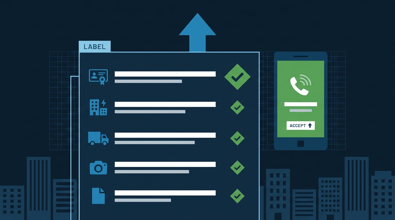 Flat vector checklist of reinstatement appeal documents including business license, utility bill, and vehicle photos