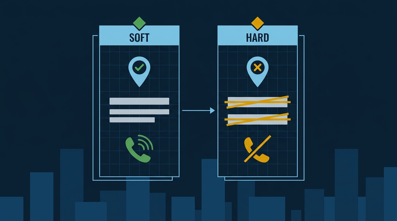 Flat vector diagram comparing soft GBP suspension with visible listing versus hard suspension with profile fully removed