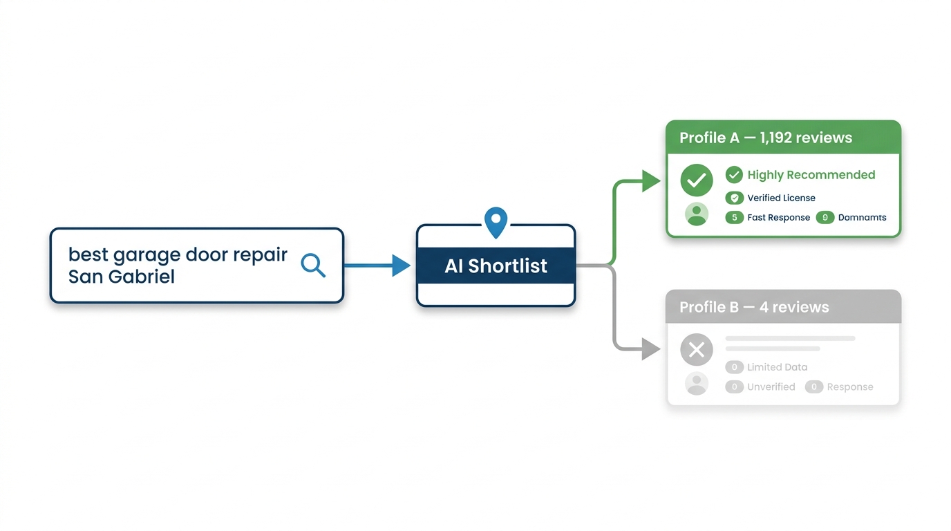 Flat vector flow diagram showing an AI shortlist splitting into a surfaced high-review profile and a skipped low-review profile