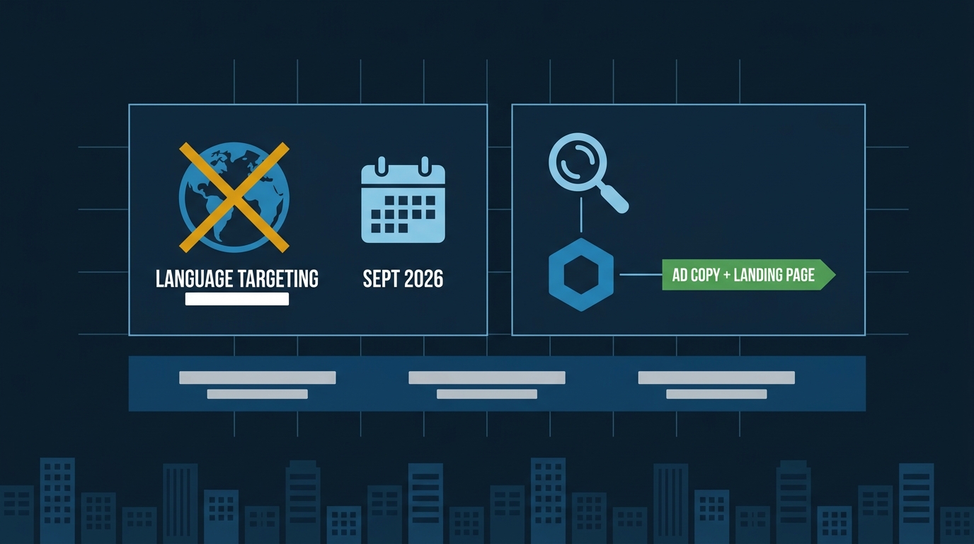 Flat vector illustration showing Google Ads language targeting removal affecting Search and Performance Max campaigns in September 2026