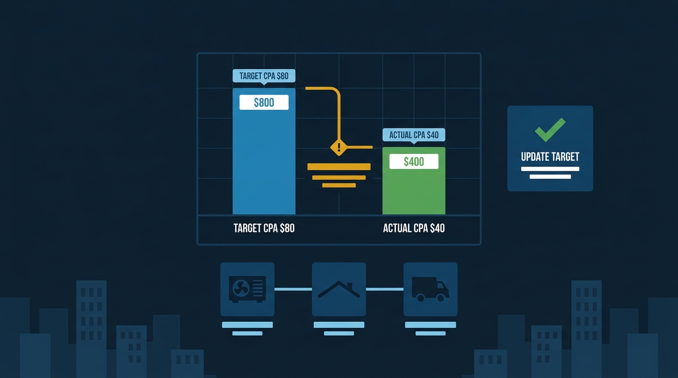 Flat vector bar chart showing Target CPA versus actual CPA gap with amber warning bracket and corrective action card