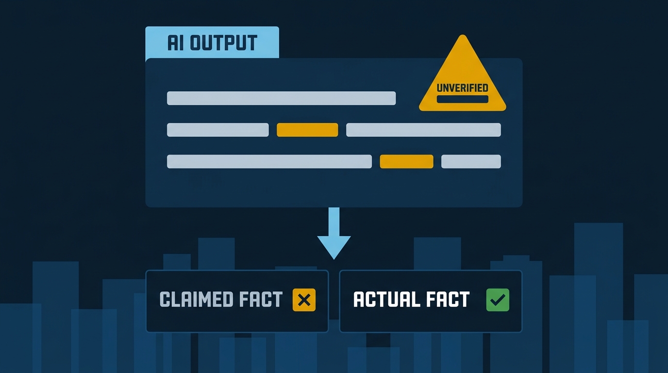 Flat vector illustration of an AI content output card with hallucinated claims flagged in amber, compared against verified facts below