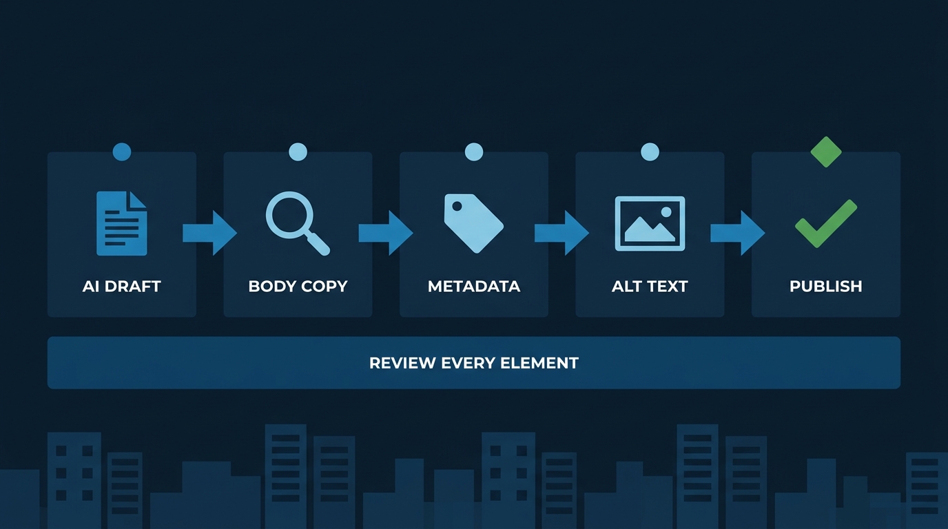 Flat vector workflow diagram showing five-step AI content review process from draft through body copy, metadata, alt text, to publish