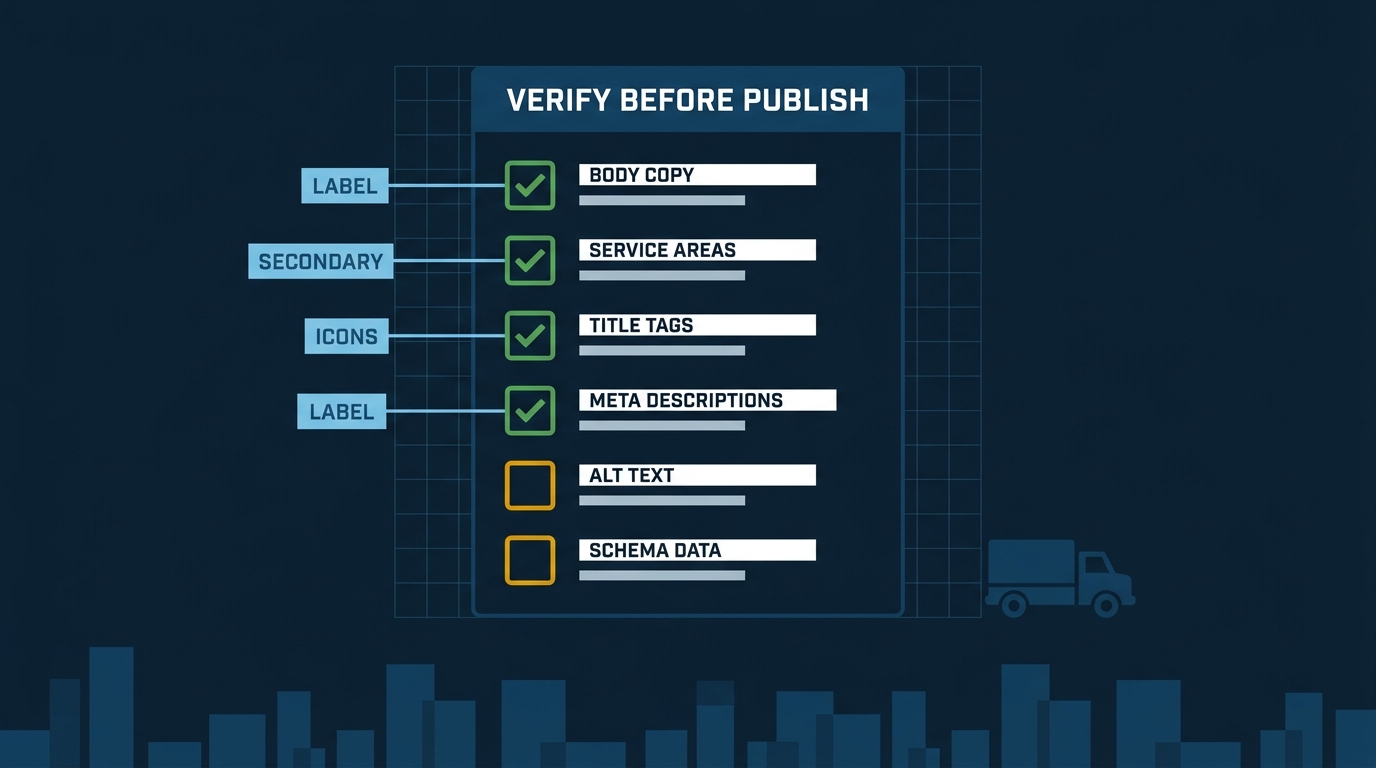 Flat vector checklist panel showing six AI content verification items with body copy and service areas checked green and alt text and schema still flagged amber