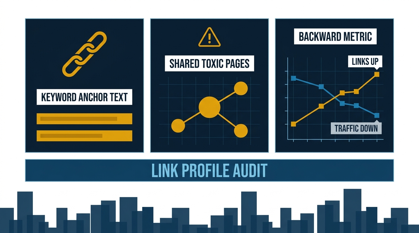 Three flat vector diagnostic cards showing keyword anchor text, shared toxic linking pages, and the rising-links falling-traffic signal