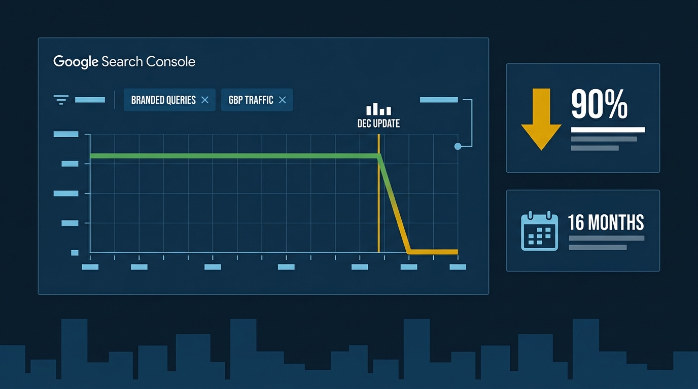 Flat vector Google Search Console dashboard showing a 16-month traffic graph with a sharp drop at a core update date marker