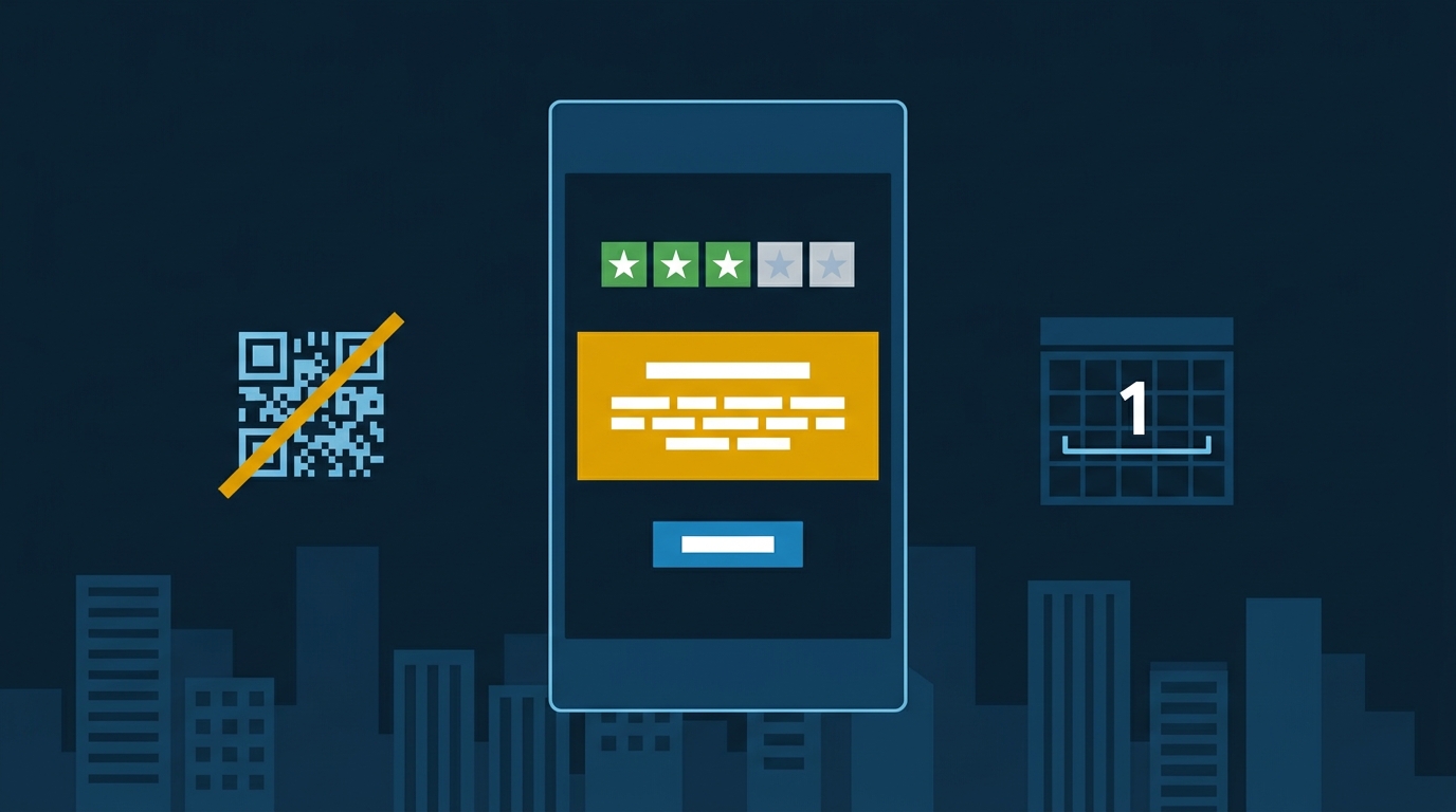 Flat vector of a phone showing a Google review blocked alert with a QR code crossed out and a 30-day calendar indicator