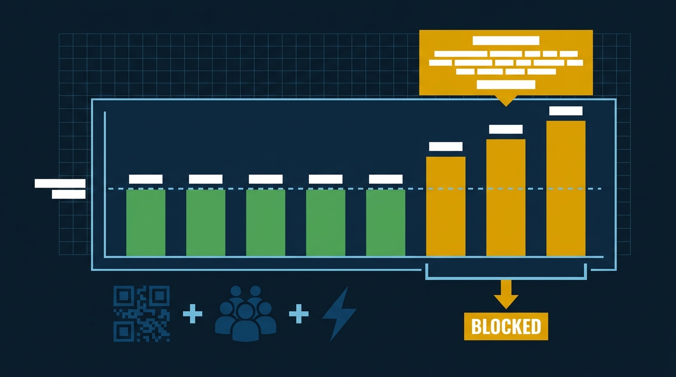 Flat vector bar chart showing steady baseline review months followed by three amber surge months triggering a blocked state