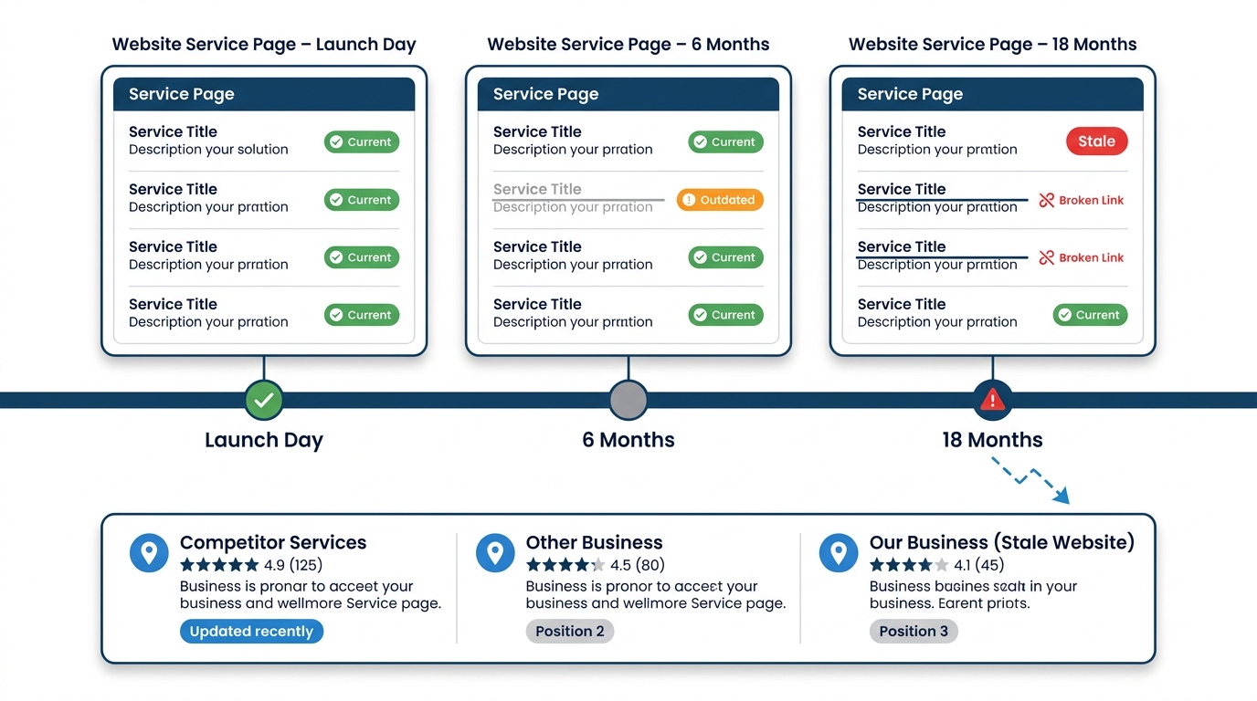 Flat UI timeline showing a contractor website service page drifting from fresh at launch to stale at 18 months, with the business sliding from position 1 to 3 in local search results.
