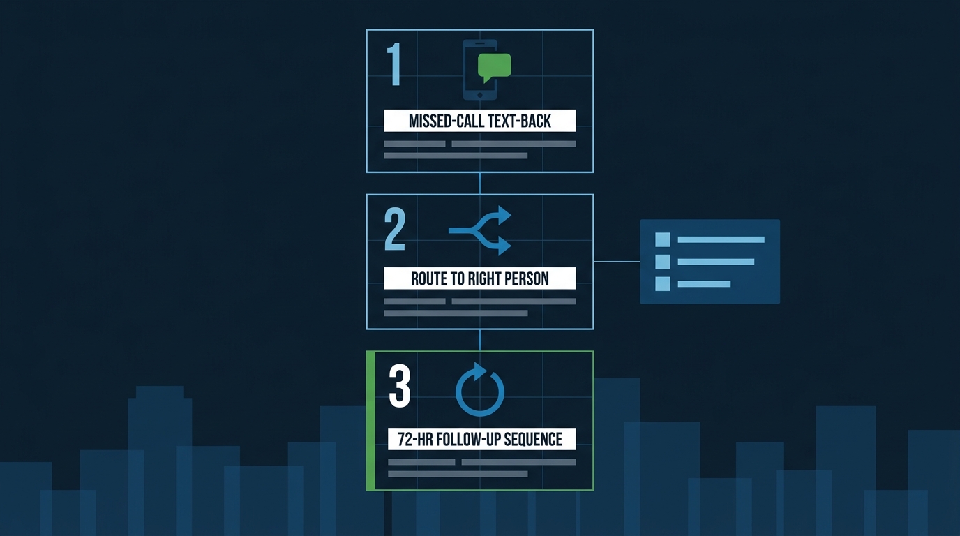 Flat vector illustration of a three-step lead automation sequence: missed-call text-back, routing to the right person, and a 72-hour follow-up sequence