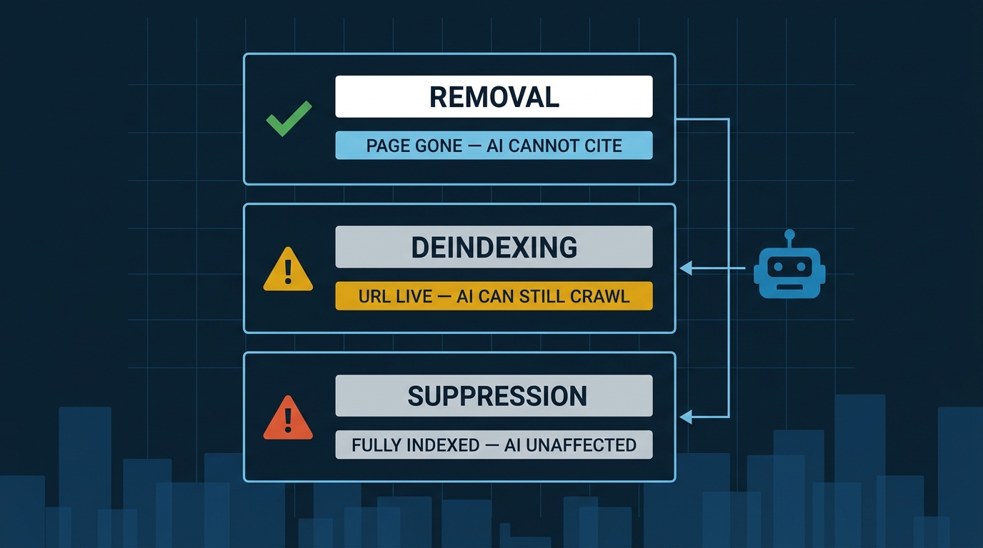 Three stacked cards comparing removal, deindexing, and suppression outcomes, showing AI can still reach deindexed and suppressed content
