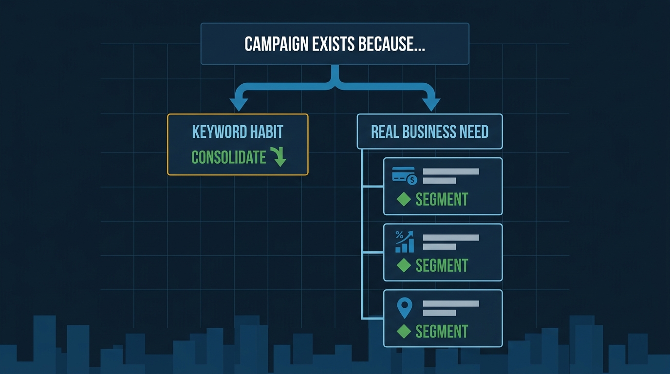 Flat vector decision flowchart: consolidate campaigns built on keyword habit, segment only for real budget, conversion, or geographic needs