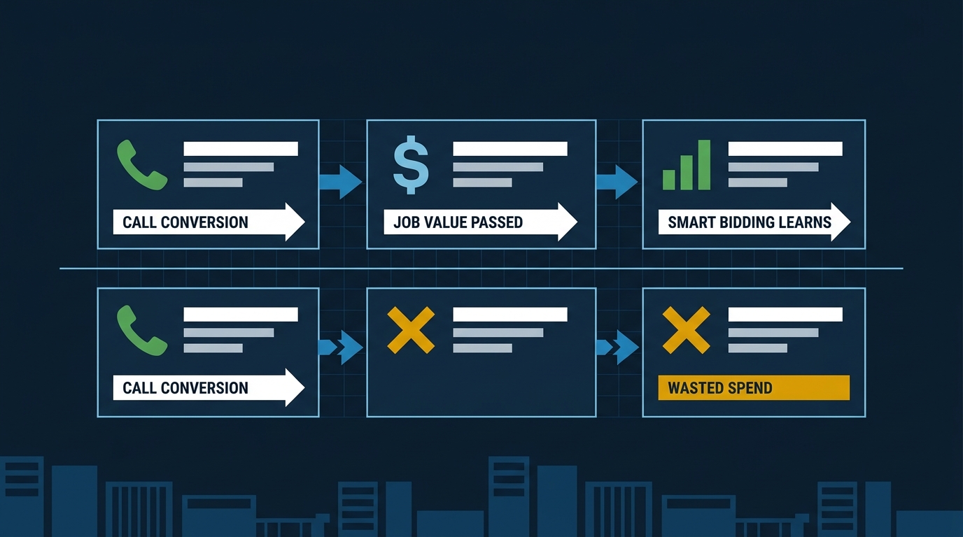 Flat vector pipeline showing complete conversion signal flow versus broken tracking that leads to wasted Google Ads spend