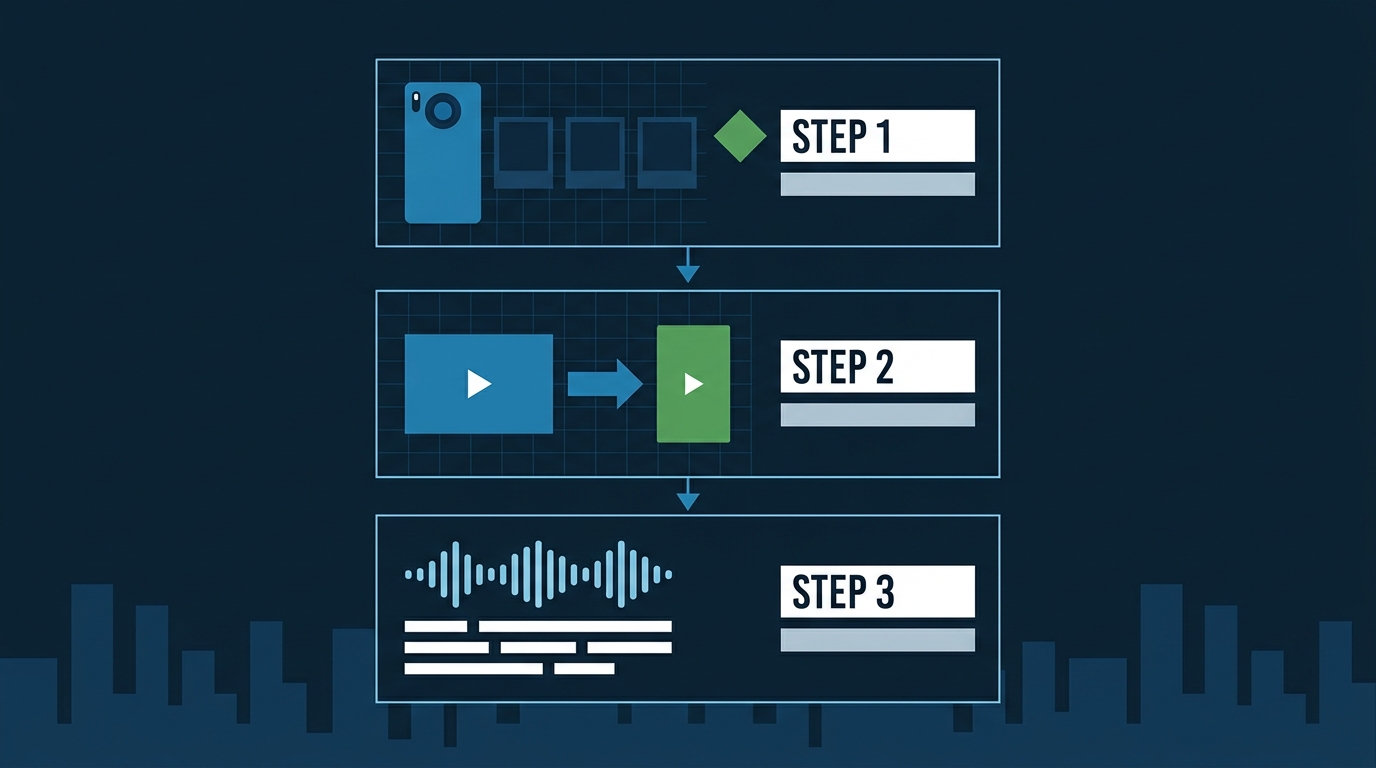 Three-step AI video production pipeline: existing photos to AI-generated clip to voiceover and captions — flat vector illustration
