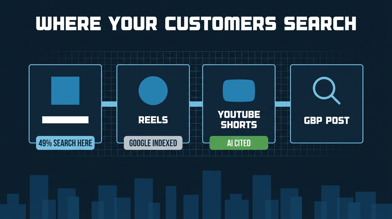 Four platform panels — TikTok, Reels, YouTube Shorts, GBP — showing where home-service customers discover local businesses