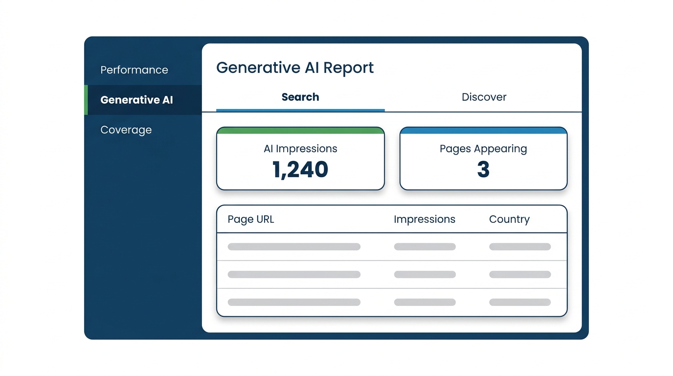 Flat vector of a Search Console Generative AI report panel with sidebar navigation, AI impressions stat pills, and a page table