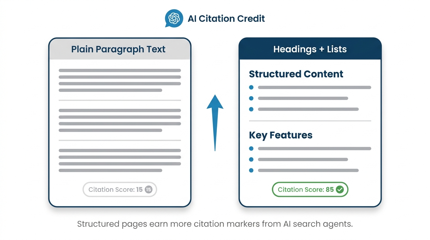 Two page mockup cards comparing plain paragraph text with low citation score versus structured headings and lists with higher citation score