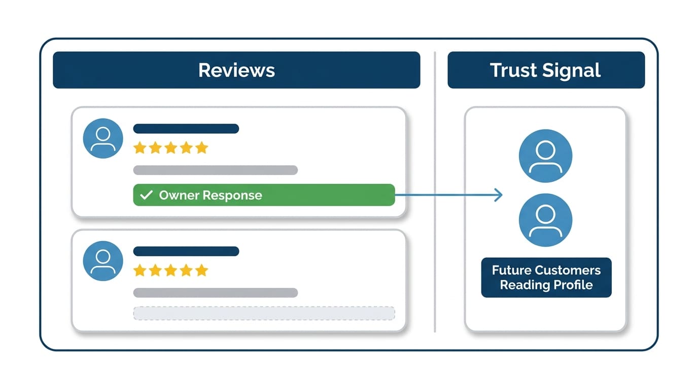 Flat vector infographic comparing a review with an owner response versus one without, showing the trust signal reaching future customers