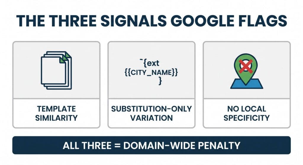 Flat vector diagram labeled 'The Three Signals Google Flags' showing three boxes: Template Similarity, Substitution-Only Variation, No Local Specificity — above a dark bar reading 'All Three = Domain-Wide Penalty'