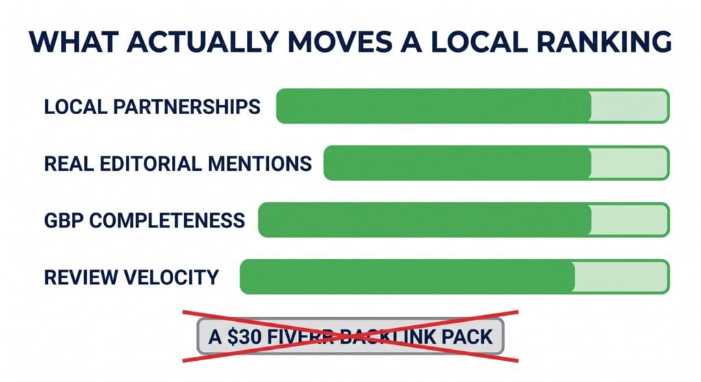Flat vector chart: four filled progress bars labeled Local Partnerships, Real Editorial Mentions, GBP Completeness, and Review Velocity — above a crossed-out box labeled 'A $30 Fiverr Backlink Pack'