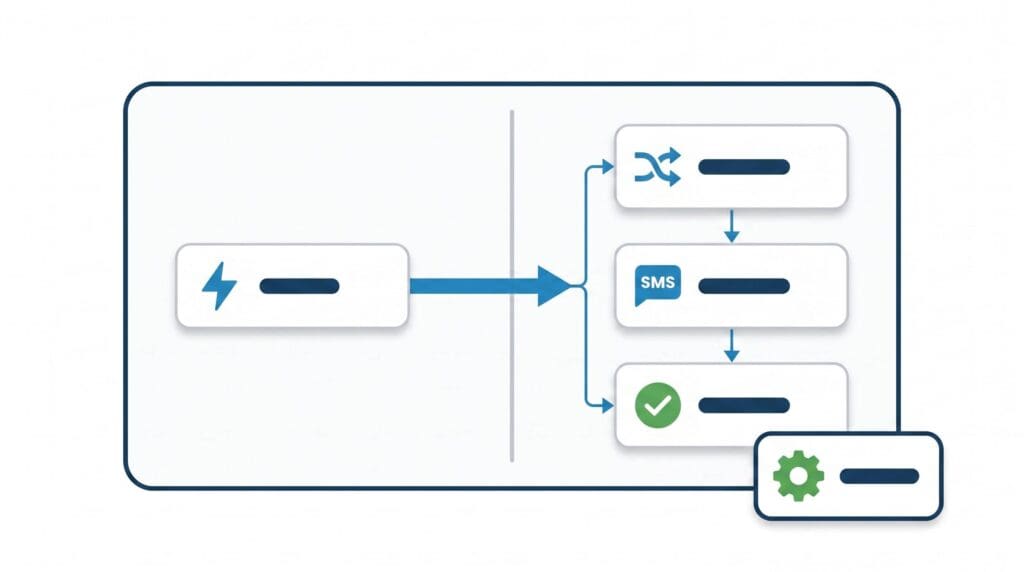 Flat vector infographic showing an AI lead routing system: one incoming lead card on the left routes through automation to three output cards — routing, follow-up, and booked job