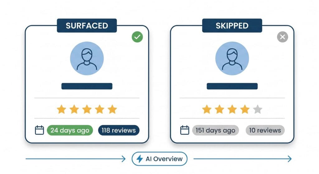 Flat vector comparison of a surfaced vs skipped electrician profile in Google AI Overviews, showing review recency gap
