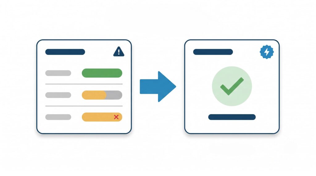 Hero flat vector illustration showing mismatched business data on the left and AI-confirmed visibility on the right, connected by a blue arrow