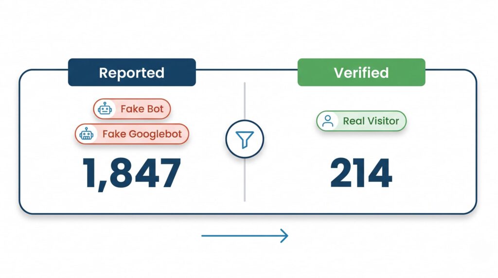 Flat vector hero image showing inflated bot traffic count filtered down to verified real visitor traffic, split panel layout
