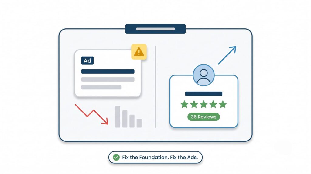 Flat vector hero image showing a Google Ads Limited Ad Serving warning alongside a strong Google Business Profile, illustrating how profile signals affect ad visibility