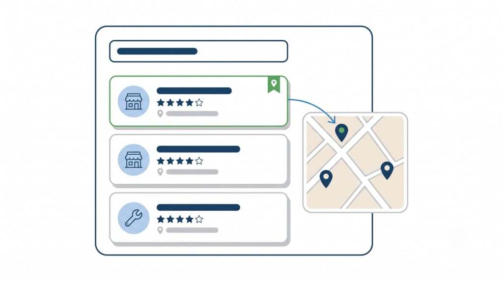 Flat vector illustration of a Google map pack showing three ranked business listing cards beside a small map preview