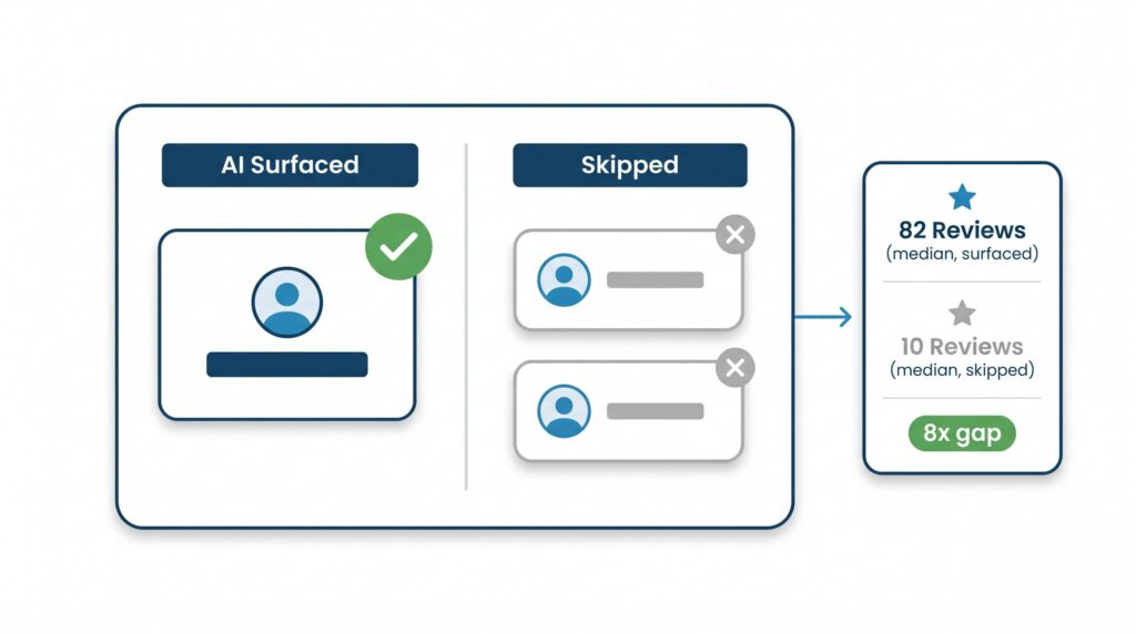 Hero flat vector illustration showing one AI-surfaced HVAC profile with a green checkmark versus two skipped profiles, with an 8x review count gap callout