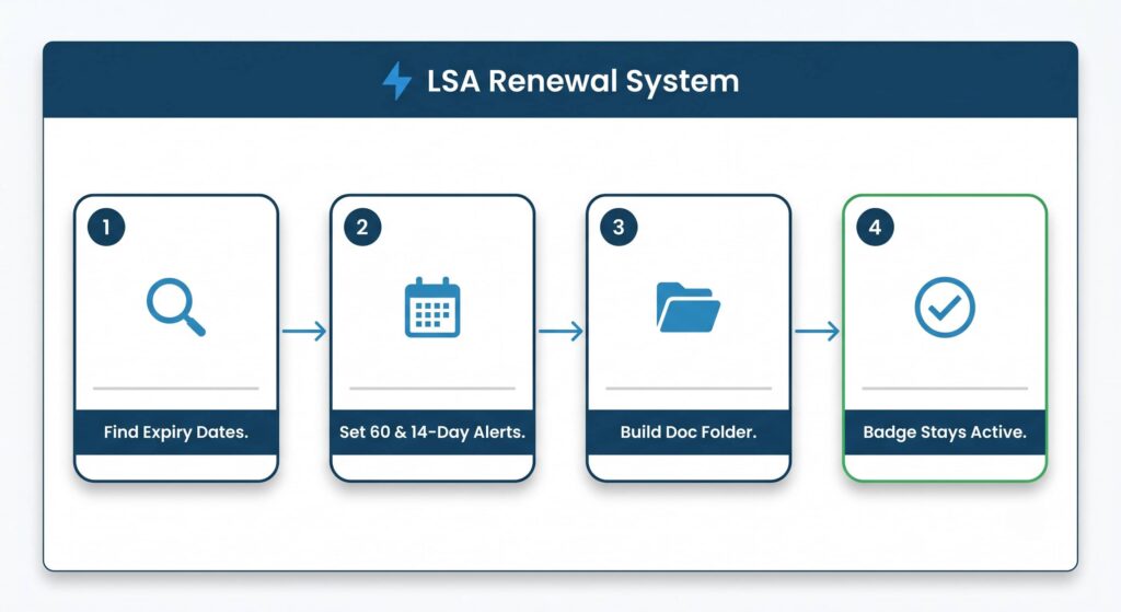Flat vector infographic of a four-step LSA renewal system: find expiry dates, set calendar alerts, build a doc folder, keep badge active