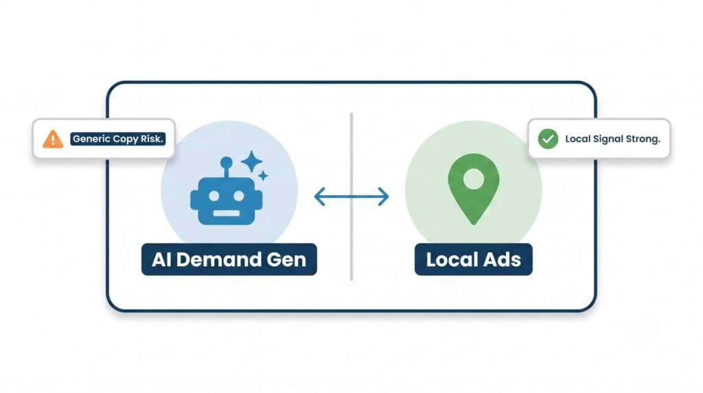 Hero flat vector illustration showing AI Demand Gen automation panel balanced against a local signal strength indicator for home-service ads