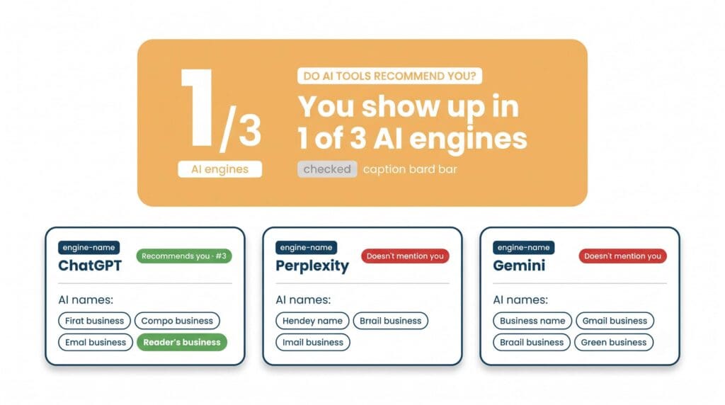 Flat vector illustration of an AI Recommend result showing a 1-of-3 amber score card and three engine cards for ChatGPT, Perplexity, and Gemini with named business pills