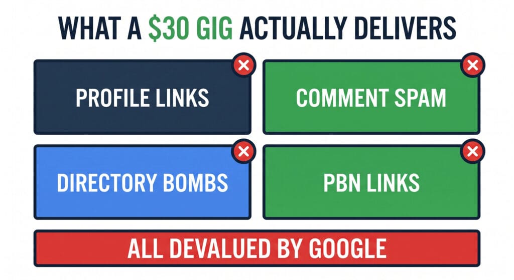 Flat vector diagram of four boxes labeled Profile Links, Comment Spam, Directory Bombs, and PBN Links — each marked with a red X — above a red bar reading 'All Devalued by Google'