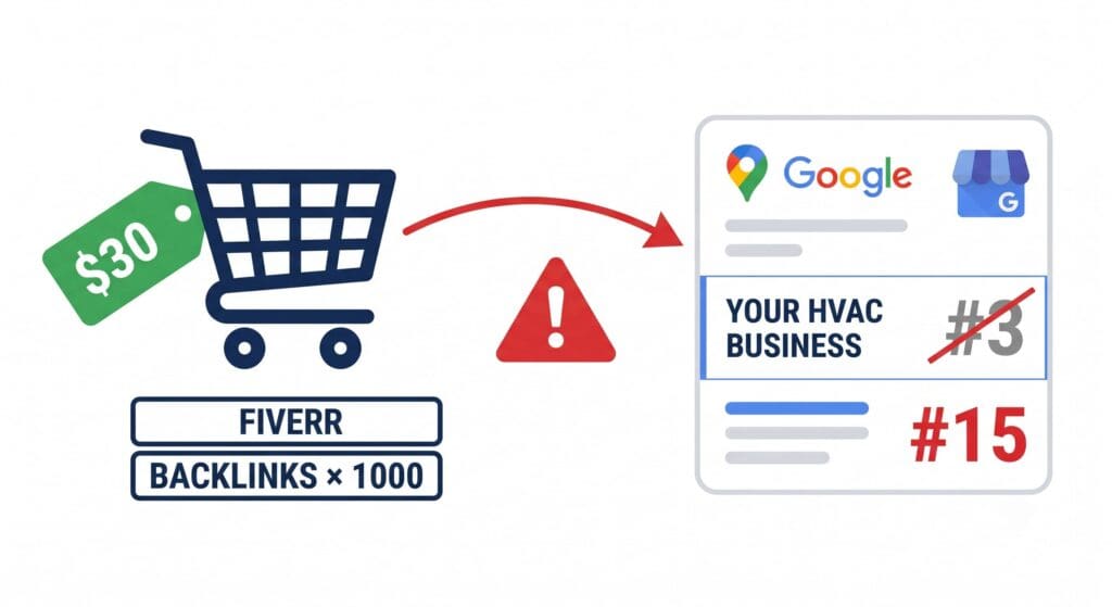 Flat vector illustration: a $30 Fiverr backlink package on the left, a red warning triangle in the middle, and a Google Maps business ranking dropping from #3 to #15 on the right